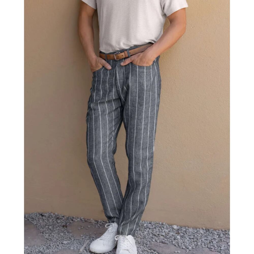 Alex Crane Pants Mens 31 Cham Linen Chalk Striped Casual Summer Old Money Preppy